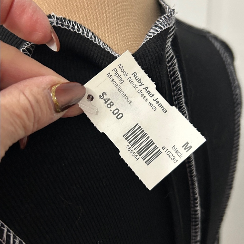 Beige Botany Black Ribbed Contrast Seam Bodycon  Dress - Picture 6 of 9